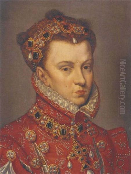 Portrait Of Elizabeth Of Valois, Queen Of Spain, In A Red Embroidered Dress Oil Painting by Antonis Mor Van Dashorst