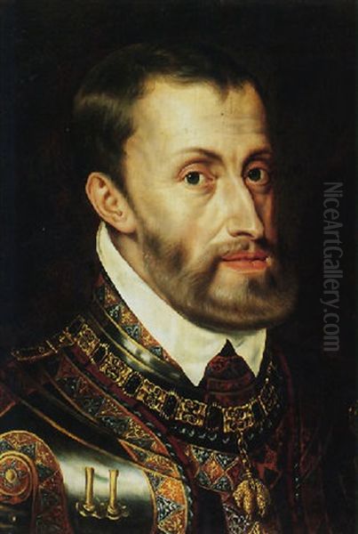 Portrait Of Emperor Charles V Wearing The Order Of The Golden Fleece And The Columns Of Hercules Oil Painting by Antonis Mor Van Dashorst