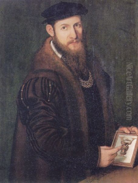 Portrait Of A Bearded Gentleman, Aged 34, Wearing A Brown Coat And A Fur Collar, Holding A Tablet Oil Painting by Antonis Mor Van Dashorst