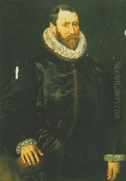 A Portrait Of A Bearded Man (theophile Keerhaert?), Wearing Black Costume With His Right Hand Resting On A Skull Oil Painting by Antonis Mor Van Dashorst