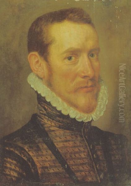 Portrait Of A Gentleman In A Dark Slashed Doublet And Ruff Oil Painting by Antonis Mor Van Dashorst