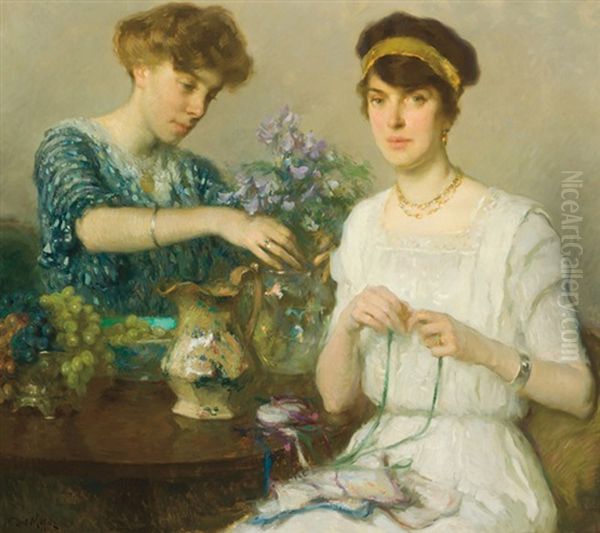 The Artist's Wife And Her Sister Arranging Flowers Oil Painting by Francis Luis Mora