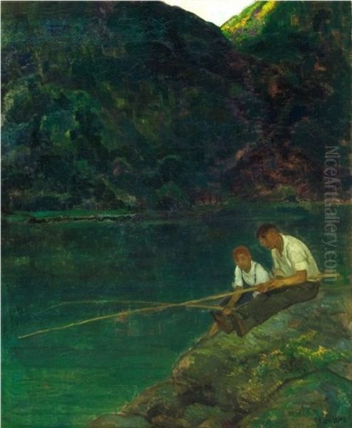 Boys Fishing Oil Painting by Francis Luis Mora