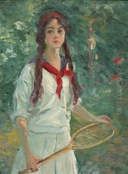 Young Girl Holding A Tennis Racquet Oil Painting by Francis Luis Mora