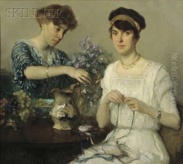 The Artist's Wife And Her Sister Arranging Flowers And Ribbons Oil Painting by Francis Luis Mora