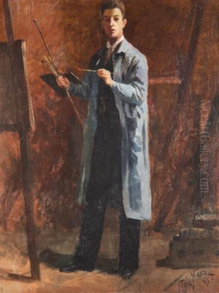 Francis Luis Mora At The Easel Oil Painting by Francis Luis Mora