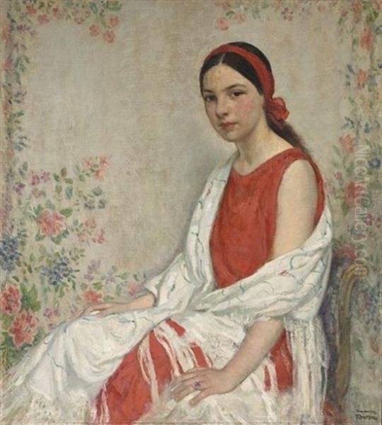 Seated Women With A White Wrap And A Red Ribbon Oil Painting by Francis Luis Mora