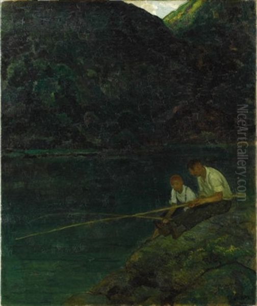 Boys Fishing In Litchfield Hills Oil Painting by Francis Luis Mora