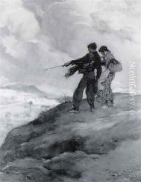 Young Gypsy Couple Surveying Windswept Valley Oil Painting by Francis Luis Mora