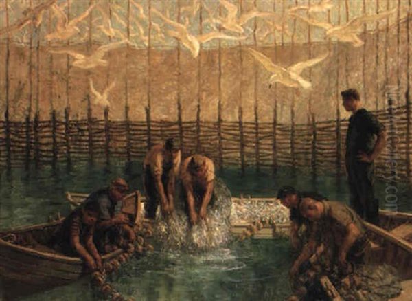 Seining The Weir Nets Oil Painting by Francis Luis Mora