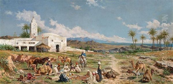 Paisaje Del Norte De Africa (descanso De Una Caravana Mora) Oil Painting by Tomas Moragas Torras