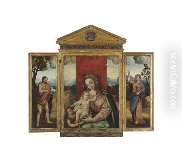 The Virgin And Child With The Young Saint John The Baptist; Saint John The Baptist On The Left Wing; Saint John The Evangelist On The Right Wing (triptych) Oil Painting by Luis de Morales