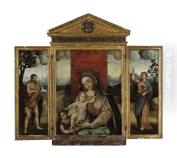 The Virgin And Child With The Young Saint John The Baptist (triptych) Oil Painting by Luis de Morales