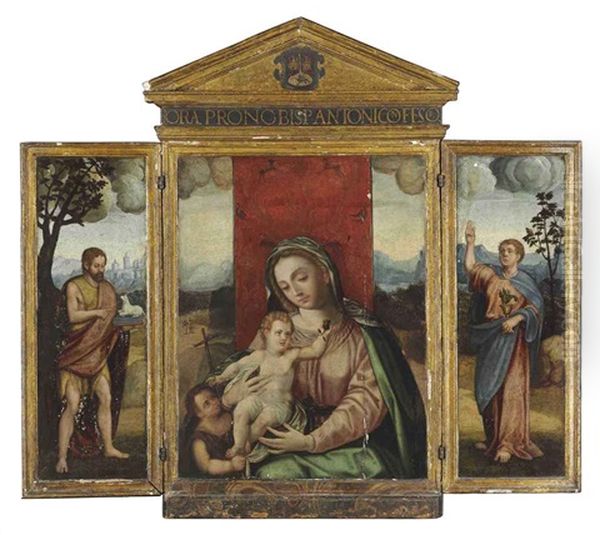 The Virgin And Child With The Young Saint John The Baptist (triptych) Oil Painting by Luis de Morales