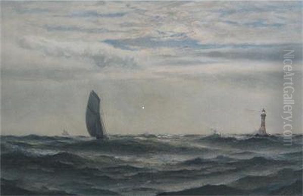 Sailing Ship By A Lighthouse At Dusk Oil Painting by Richard Julius Biddle