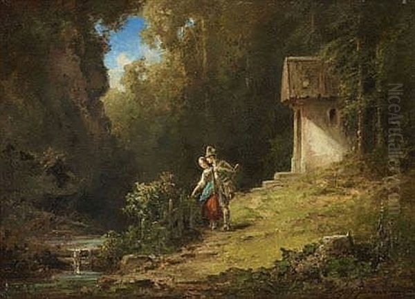 Jager Und Dirndl Vor Einer Waldkapelle Oil Painting by Willy Moralt