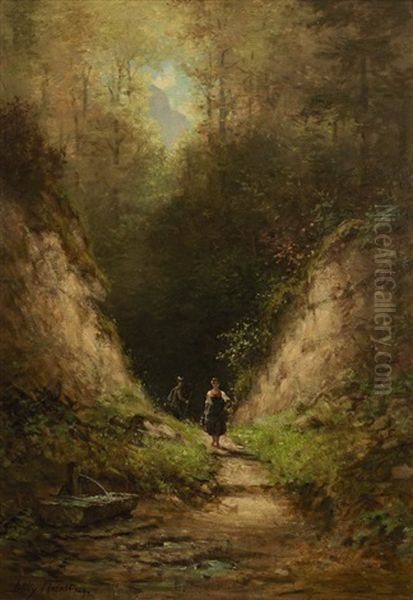 Dirndl Und Jager Auf Einem Hohlweg Oil Painting by Willy Moralt