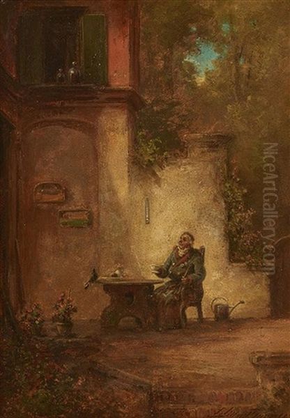 A Feathered Breakfast Guest Oil Painting by Willy Moralt