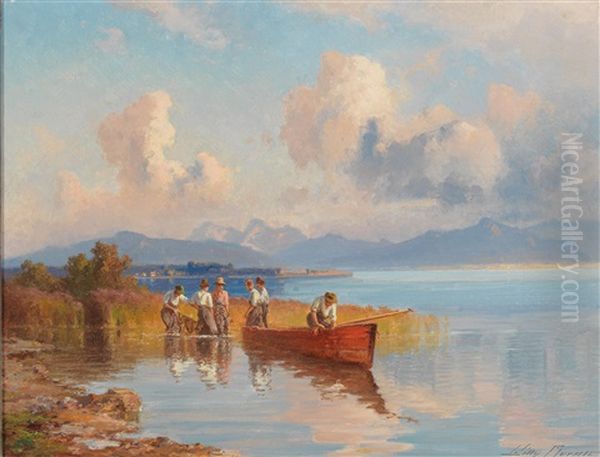 Fisherman On Lake Chiemsee Oil Painting by Willy Moralt