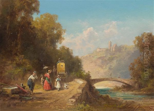 River Landscape With Walkers And A Stage Coach Oil Painting by Willy Moralt