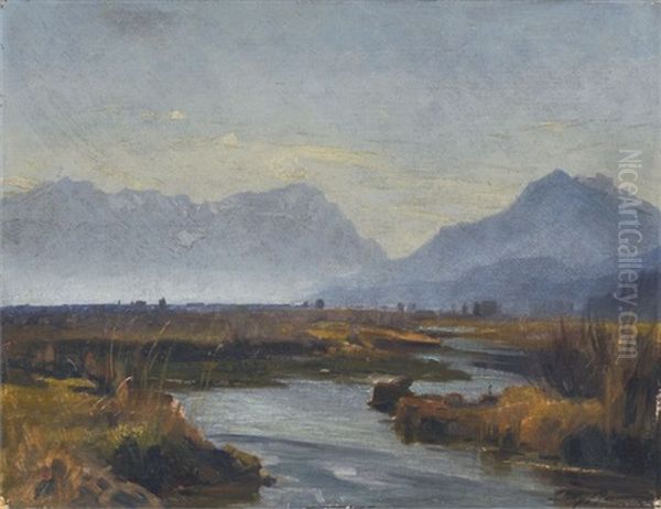 Zugspitzmassiv Bei Oberau Oil Painting by Willy Moralt