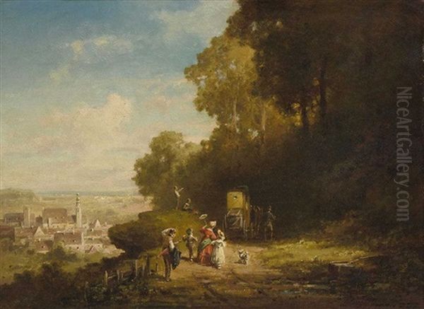 Spazierganger Und Postkutsche Auf Dem Waldweg Oil Painting by Willy Moralt