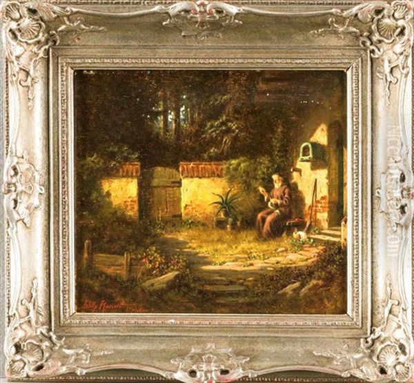 Idyllisches Gartenstuck Mit Monch Beim Polieren Eines Kleinods Oil Painting by Willy Moralt