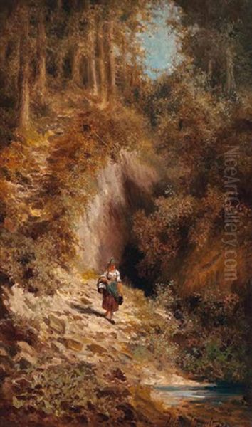 Bauernmadchen Mit Korb Auf Einem Sonnendurchfluteten Waldweg Oil Painting by Willy Moralt