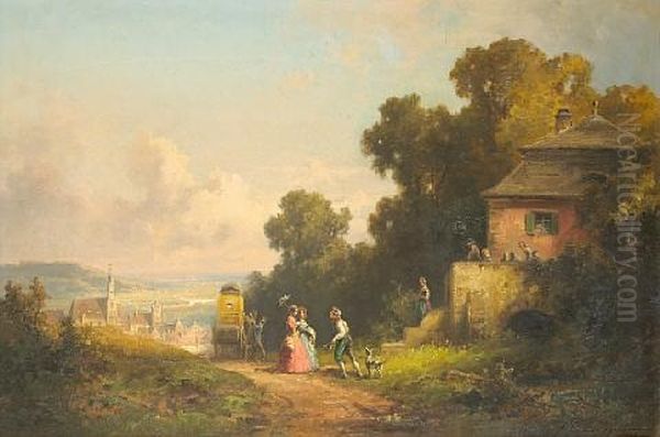 Figures And A Carriage On A Path With A Village Beyond Oil Painting by Willy Moralt