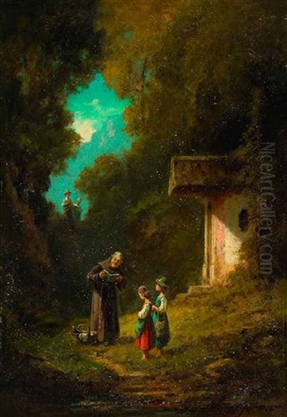 Einsiedler Mit Zwei Madchen Vor Seiner Klause Oil Painting by Willy Moralt