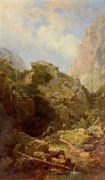 Der Wanderer Im Gebirge (after C. Spitzweg) Oil Painting by Willy Moralt