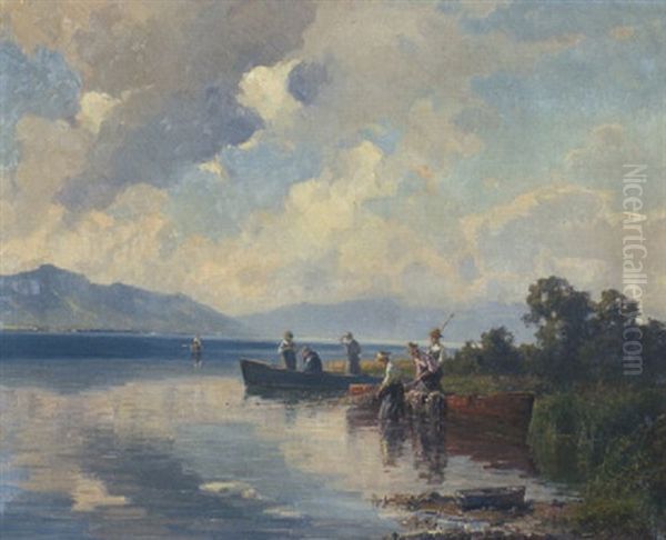 Fischer Beim Einholen Der Netze Am Ufer Des Cheimsees Oil Painting by Willy Moralt