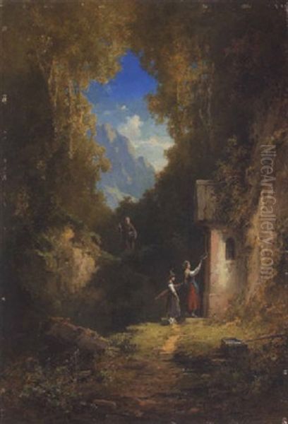 Zwei Dirndl Vor Der Waldkapelle Oil Painting by Willy Moralt