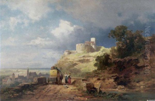 Gesprach Mit Dem Kutscher. Postkutsche Auf Einer Brucke Vor Den Toren Einer Stadt Oil Painting by Willy Moralt