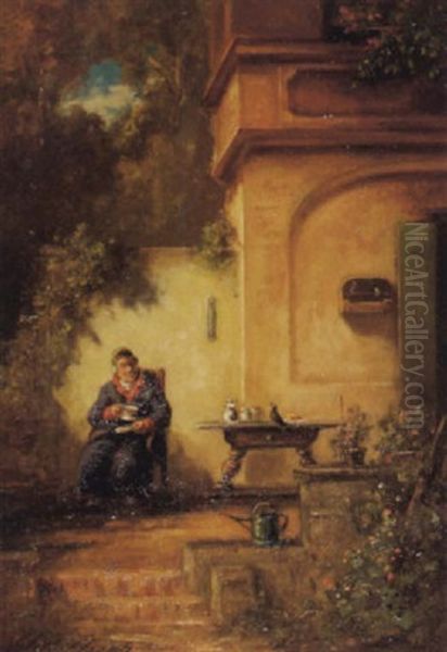 Kaffetrinker Und Der Zahme Vogel Auf Der Terrasse Oil Painting by Willy Moralt