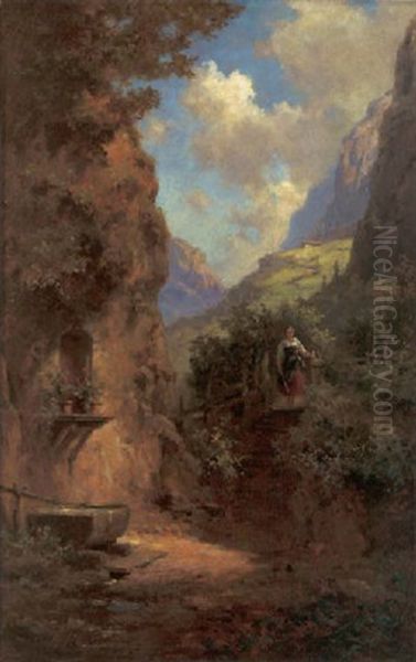 Sommerliche Tiroler Landschaft Mit Hirtenmadchen - Am Wegesrand Ein Brunnen Mit Altarnische Oil Painting by Willy Moralt