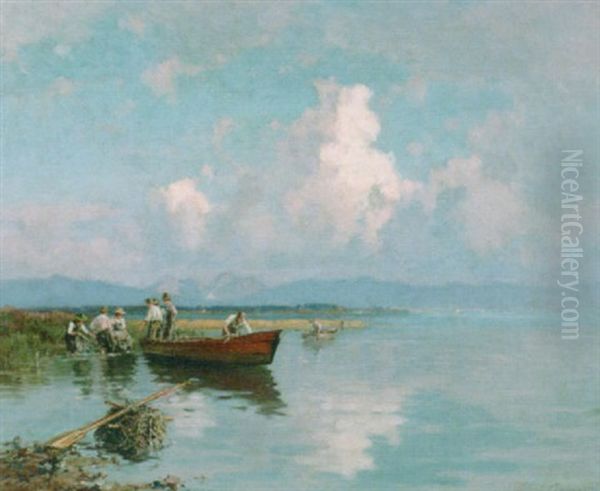 Fishermen On The Chiemsee Oil Painting by Willy Moralt