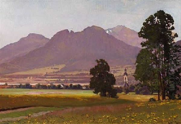 Das Sommerliche Isartal Mit Lenggries Und Der Benediktenwand Im Hintergrund by Willy Moralt