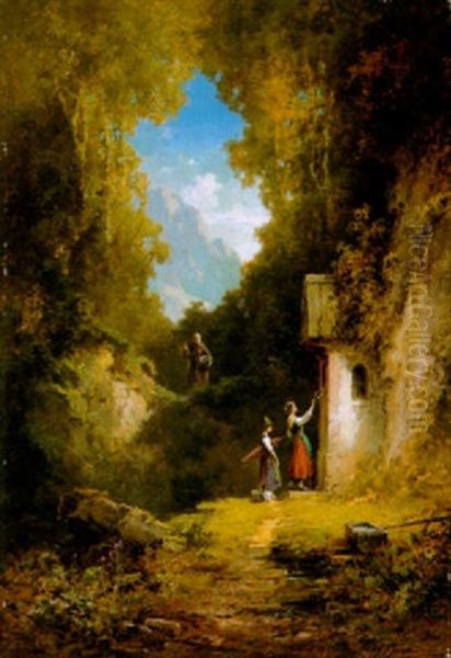 Zwei Dirndl Schmucken Die Waldkappelle In Der Sonnigen Schlucht Oil Painting by Willy Moralt