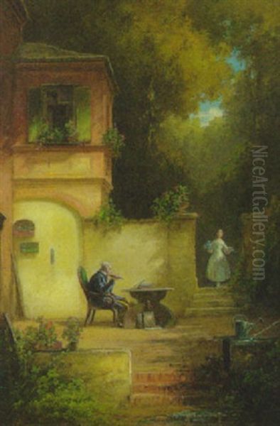 Ein Flotenspieler Sitzt Auf Der Terrasse Vor Seinem Haus Und Musiziert Oil Painting by Willy Moralt