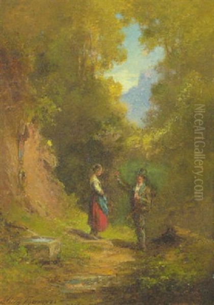 Jager Und Sennerin Beim Marterl An Brunnen Im Wald Oil Painting by Willy Moralt