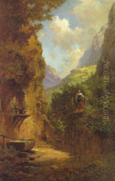 Madchen In Gebirgslandschaft Oil Painting by Willy Moralt