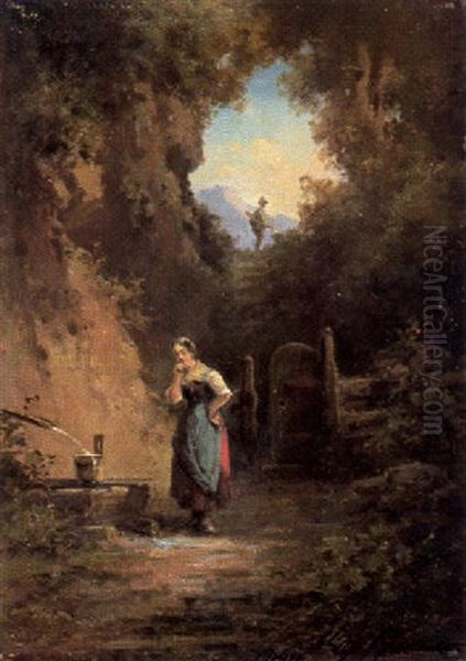 Dirndl Am Brunnen Auf Der Waldlichtung, Von Der Ein Jagerbursche Fortwandert Oil Painting by Willy Moralt