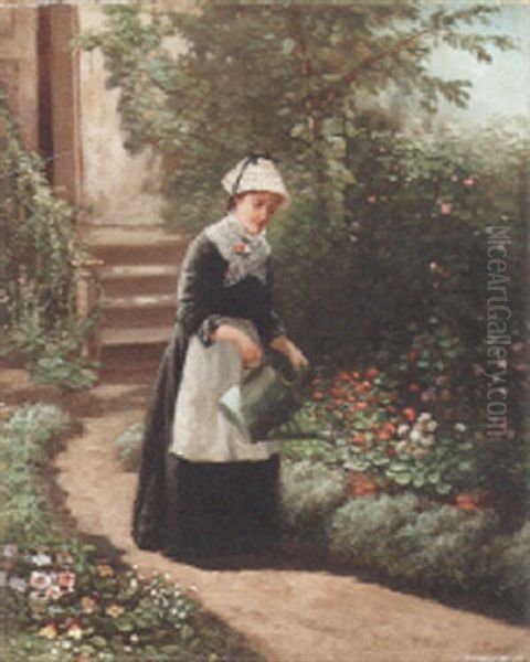 Woman In The Garden Oil Painting by Annette Parmentier Moran