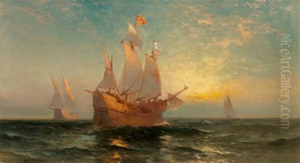 Galleon At Sunset Oil Painting by Edward Moran