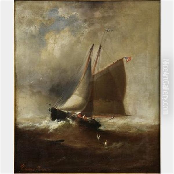 Cat Rigged Fishing Schooner Oil Painting by Edward Moran