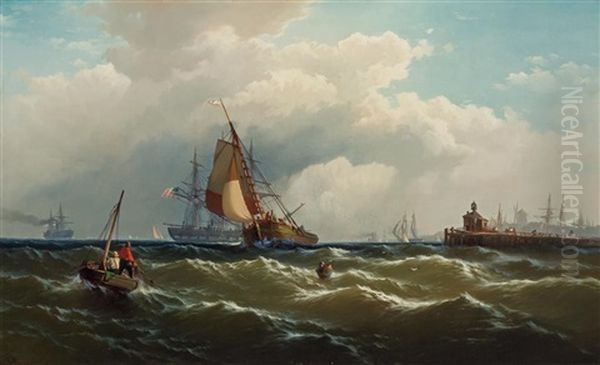 View Of Paulus Hoeck (hook), New Jersey From New York Harbor Oil Painting by Edward Moran