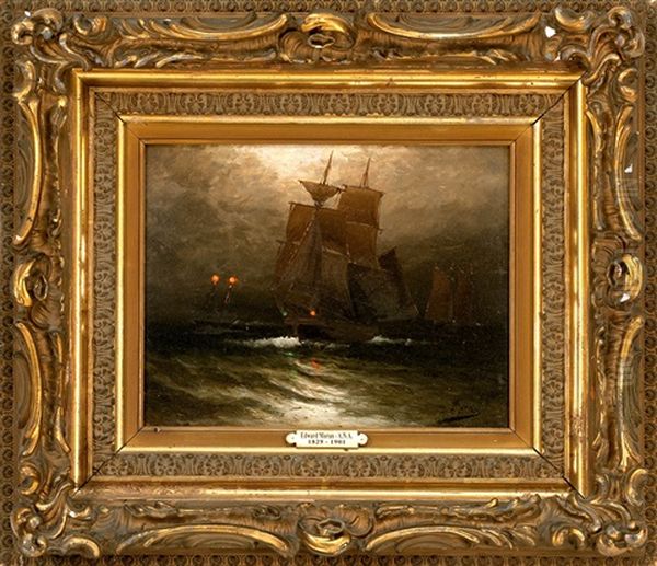 A Vessel Under Moonlight With A Lightship In The Background Oil Painting by Edward Moran