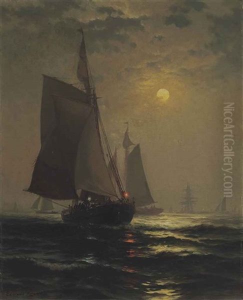 Moonlight In New York Harbor Oil Painting by Edward Moran