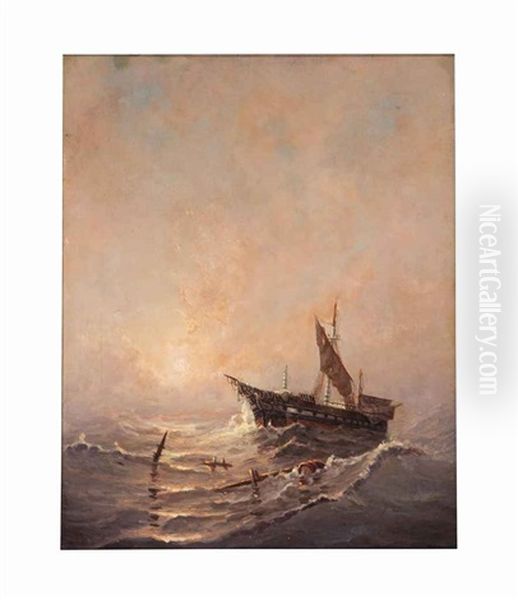 Ship Amongst Wreckage Near New Castle Harbor Oil Painting by Edward Moran